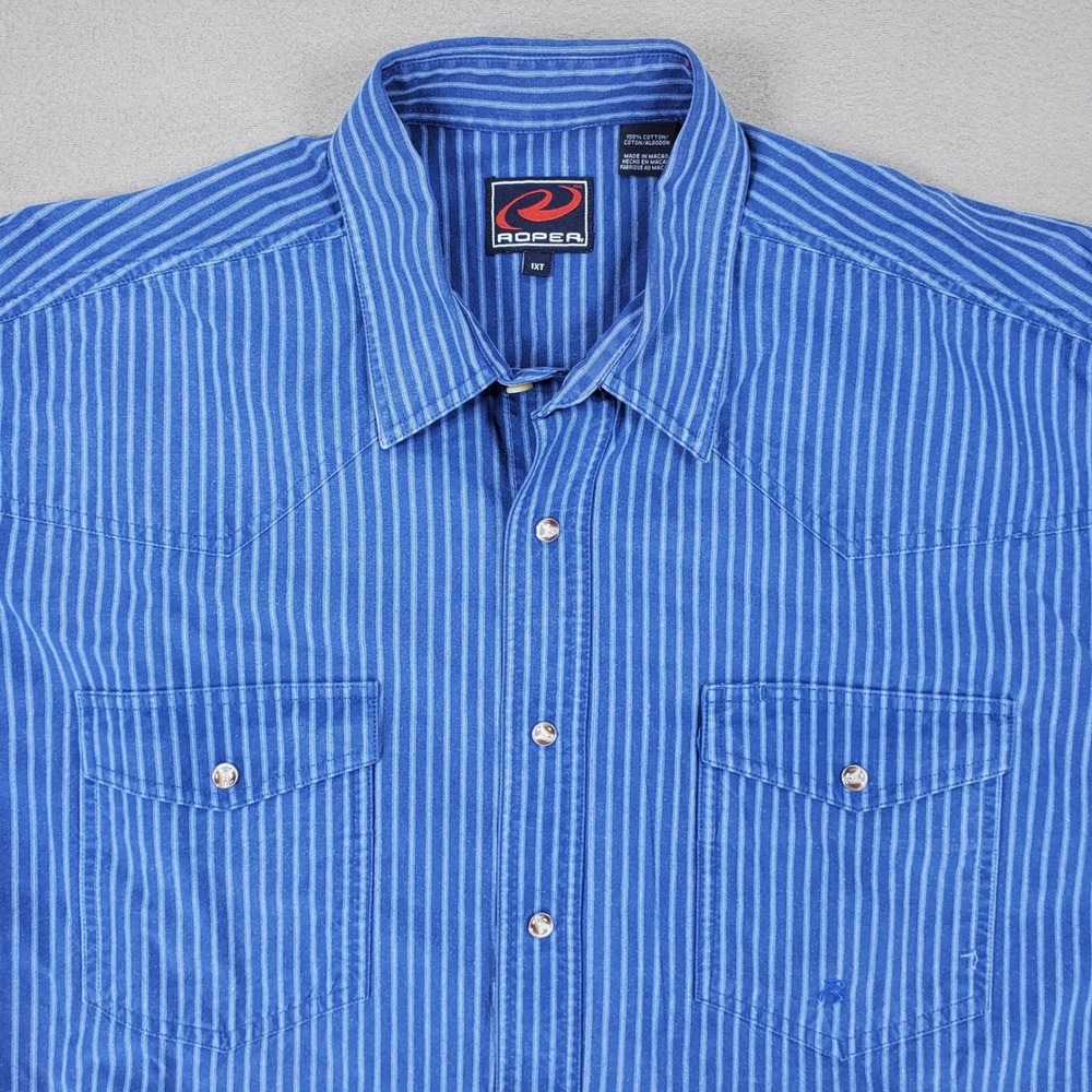 Roper Western Shirt Men 1XT Blue‎ Striped Pearl Snap Long Sleeve Tall Cotton